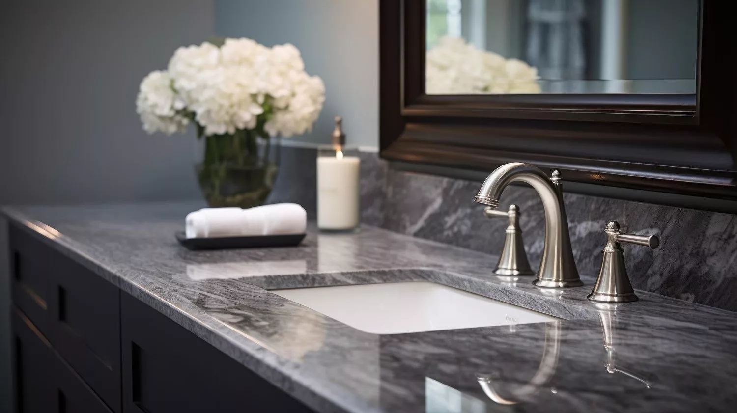 Elegantes Badezimmer mit Granitwaschtisch und luxuriösen Armaturen