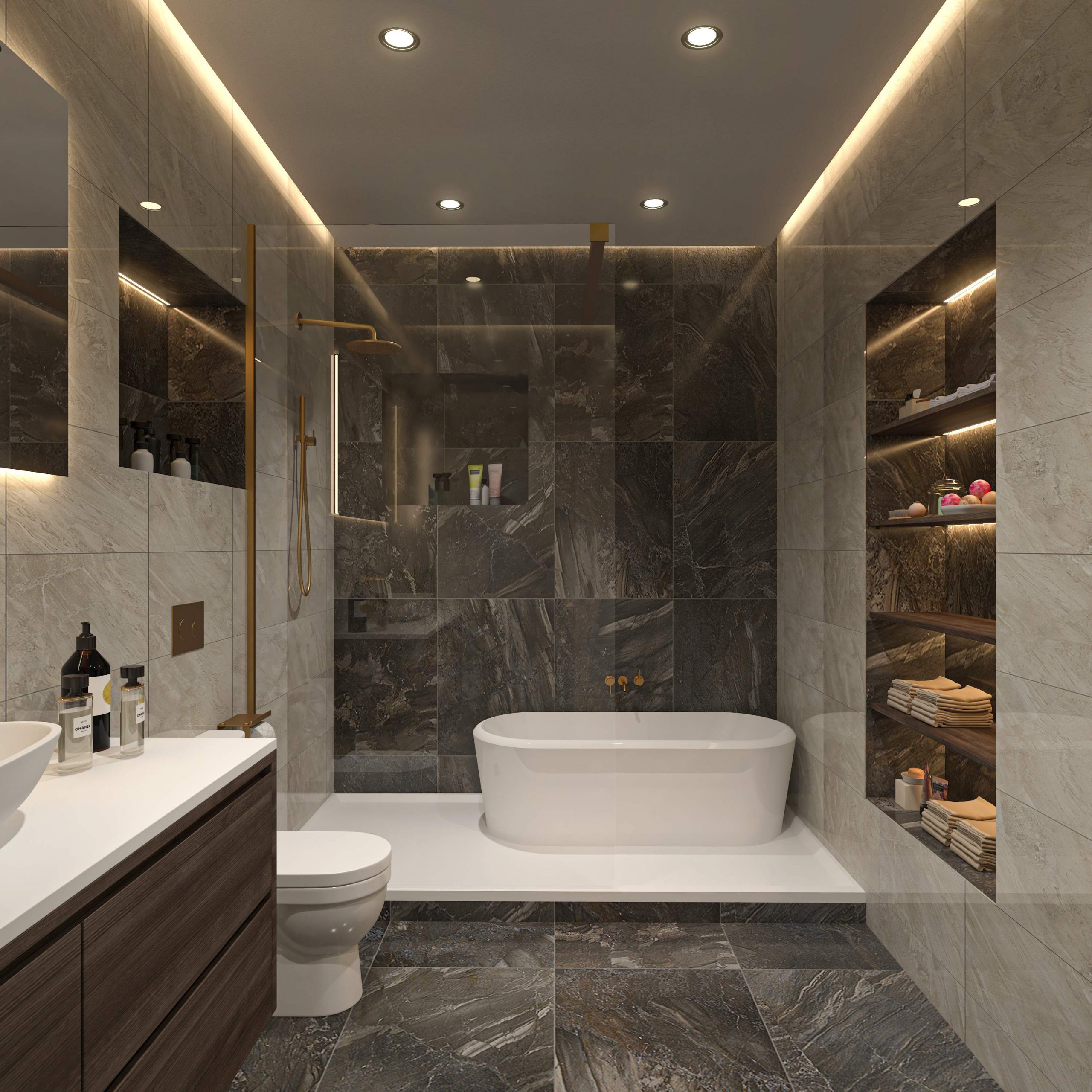 Modernes Badezimmer mit Natursteinfliesen, freistehender Badewanne und LED-Beleuchtung